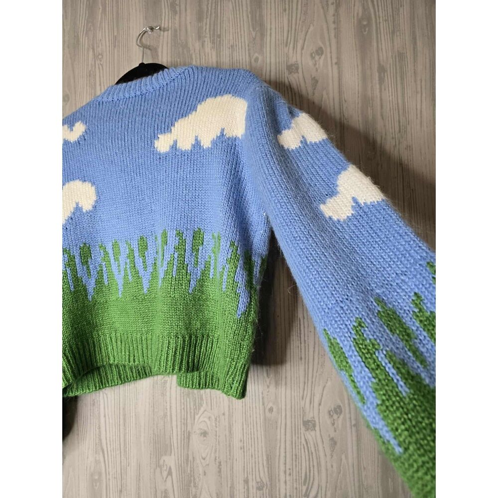 Whimsical Cloud & Grass Knit Sweater | Cropped Pullover | Fits S/M - Picture 2 of 5